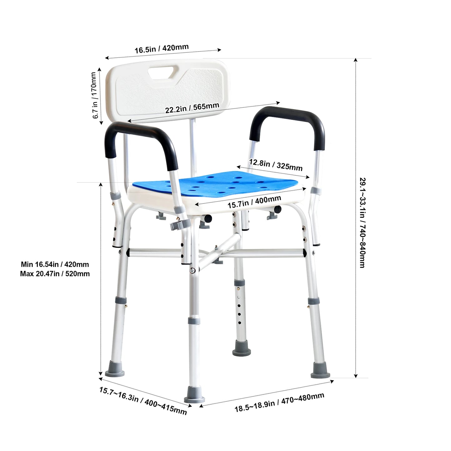 Hign Concerned Adjustable Height Shower Chair 400lb Capacity