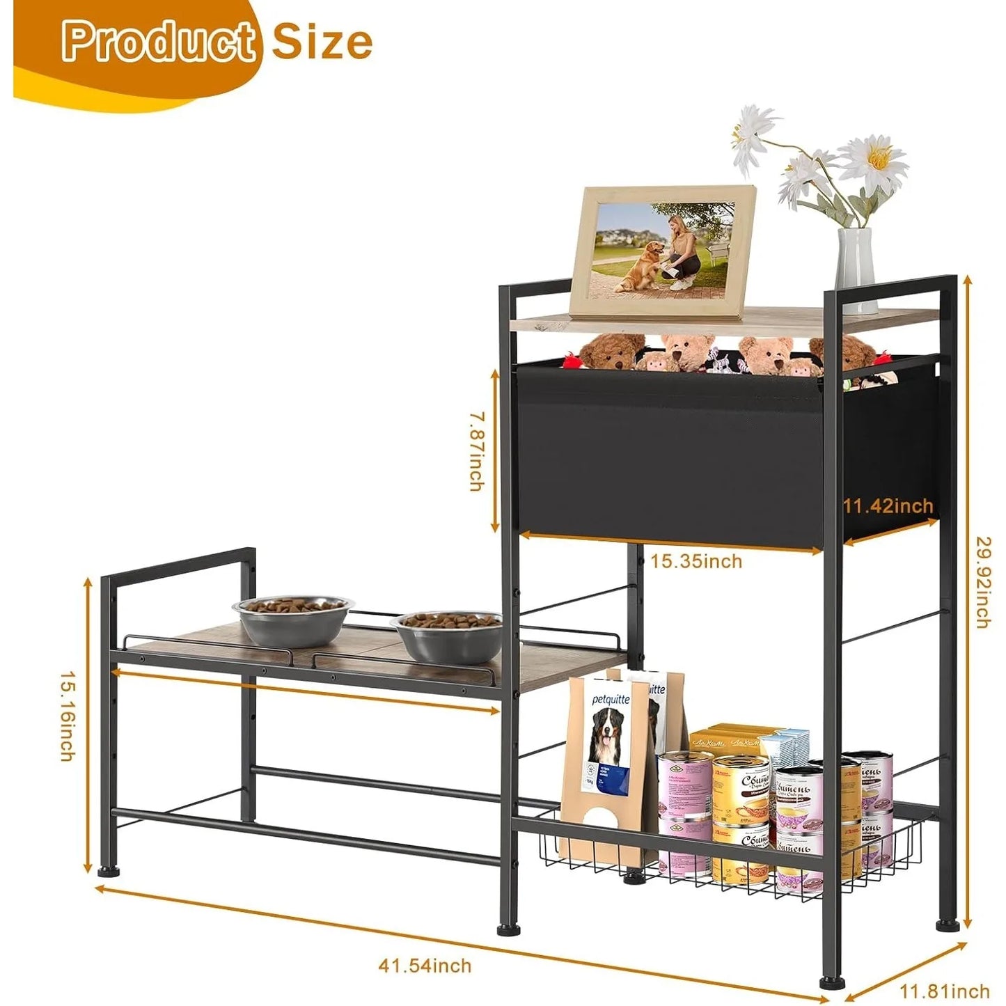 Height Adjustable Dog Bowl Stand With Storage Shelf