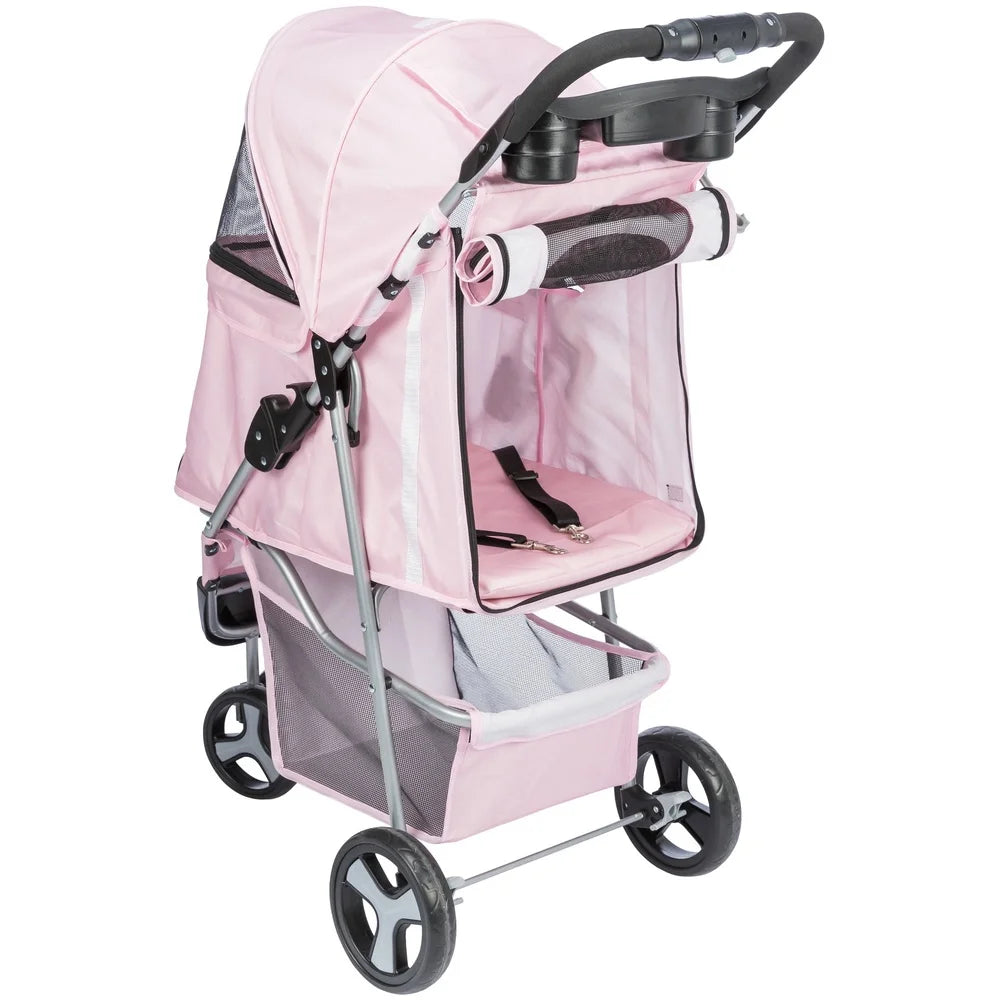 XMSJ Three Wheel Foldable Pet Stroller With Canopy Storage