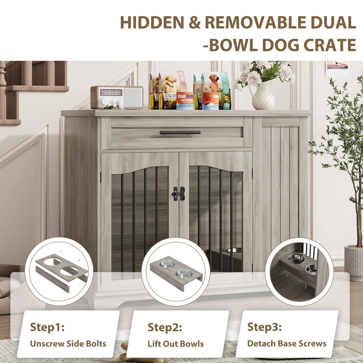 HiMISS Heavy Duty Wooden Dog Kennel With Drawer Storage And Feeding Station