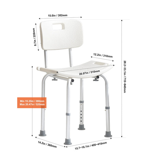 Hign Concerned Adjustable Height Shower Chair 400lb Capacity