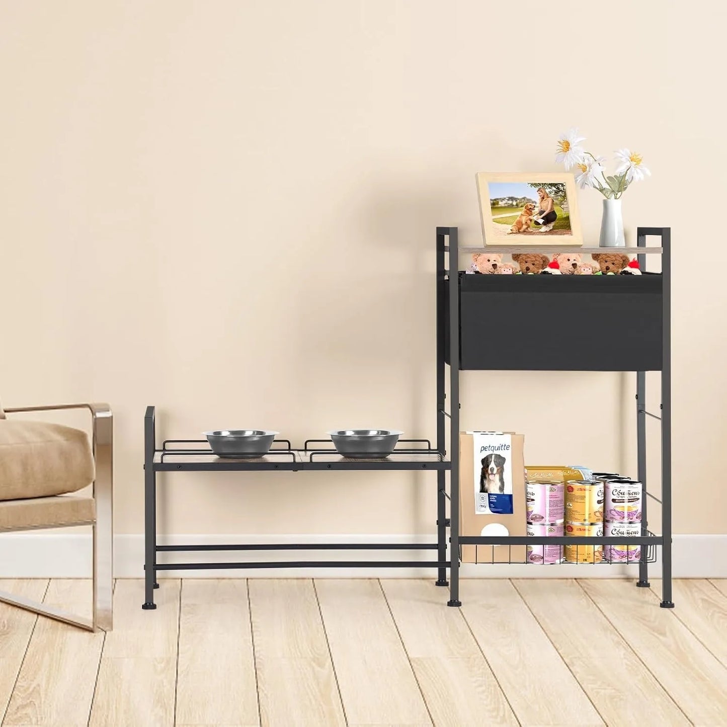 Height Adjustable Dog Bowl Stand With Storage Shelf