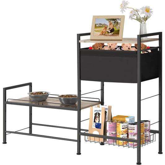 Height Adjustable Dog Bowl Stand With Storage Shelf