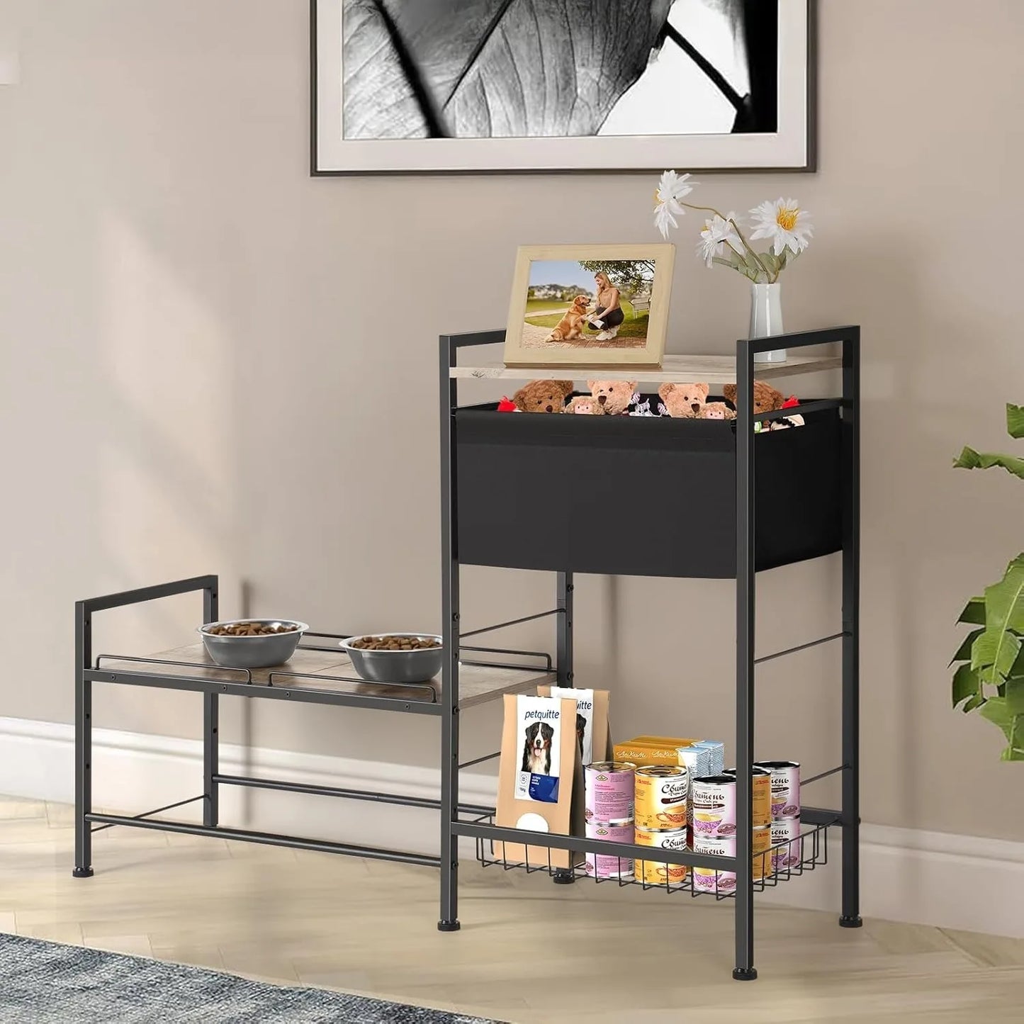 Height Adjustable Dog Bowl Stand With Storage Shelf