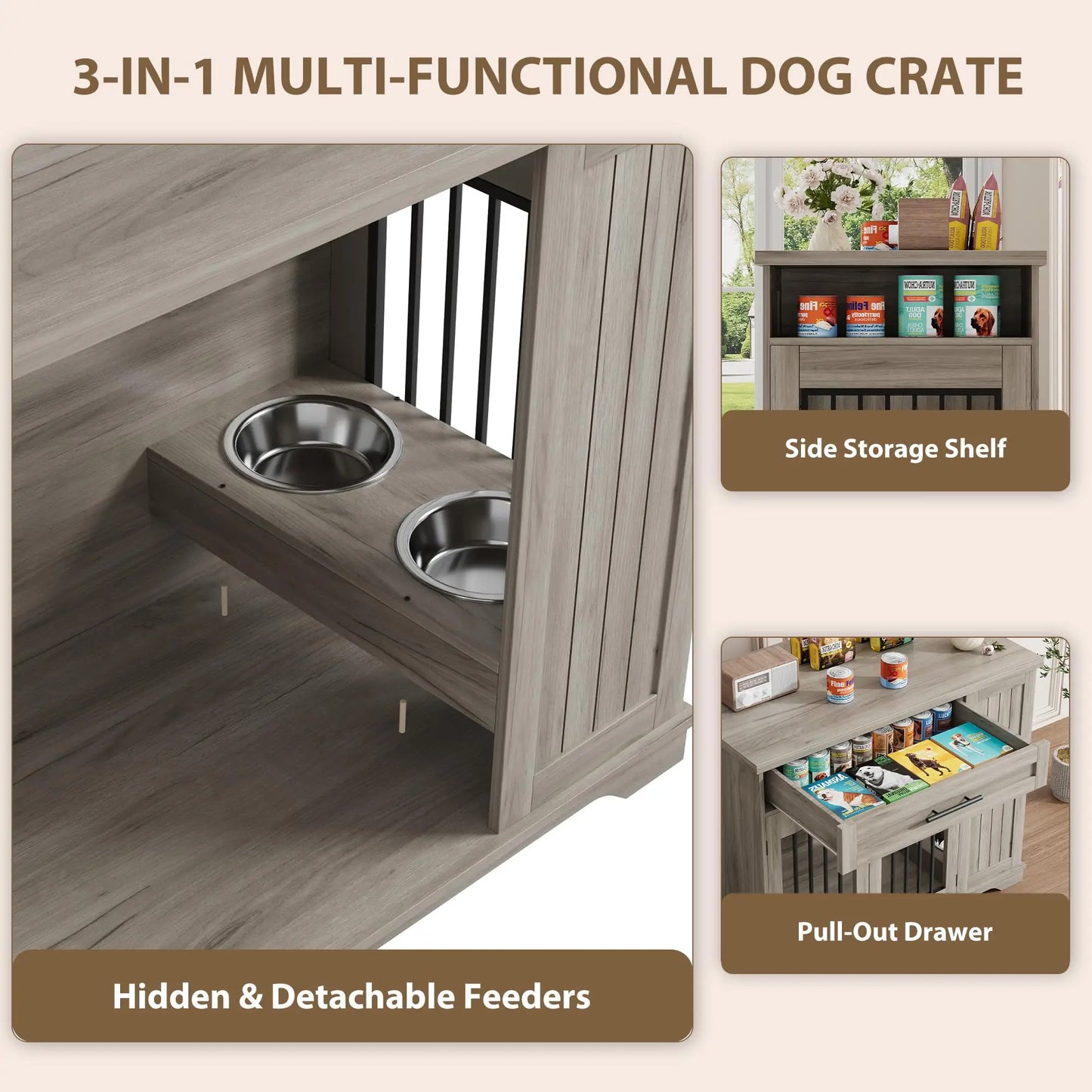 HiMISS Heavy Duty Wooden Dog Kennel With Drawer Storage And Feeding Station
